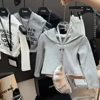 【单独小衫】071韩灰色坑条连帽V领针织儿童 小衫