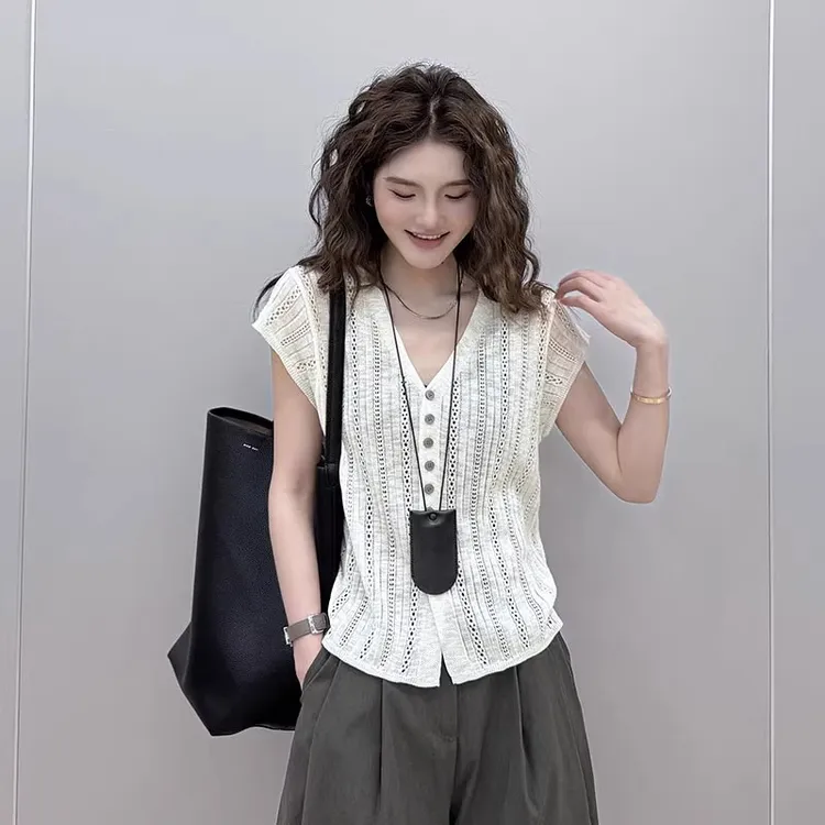 休闲简约v领镂空针织开衫夏季洋气百搭冰丝打底衫纯色短袖t恤上衣