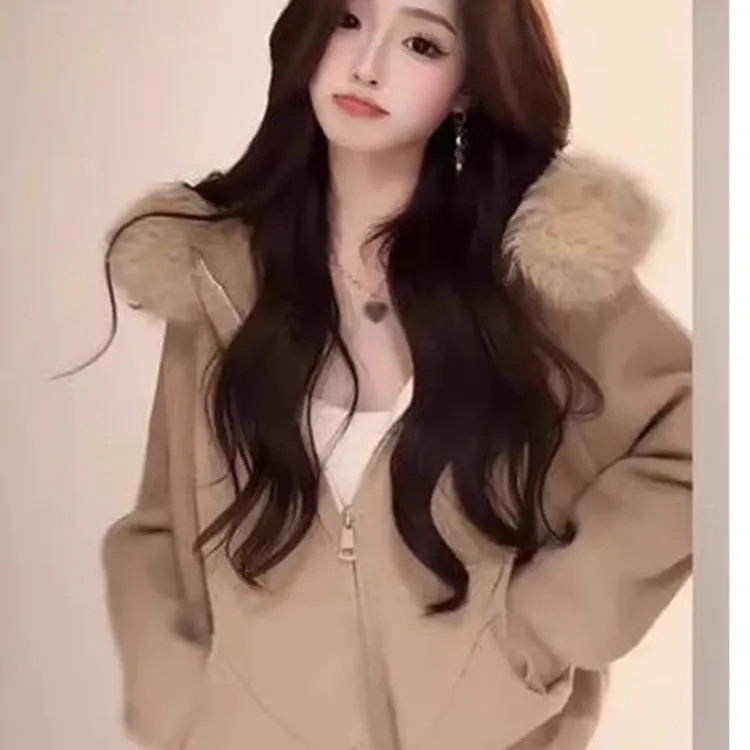 【小静专属】美拉德毛领连帽外套新款短款秋冬针织开衫小个子气质毛衣外套