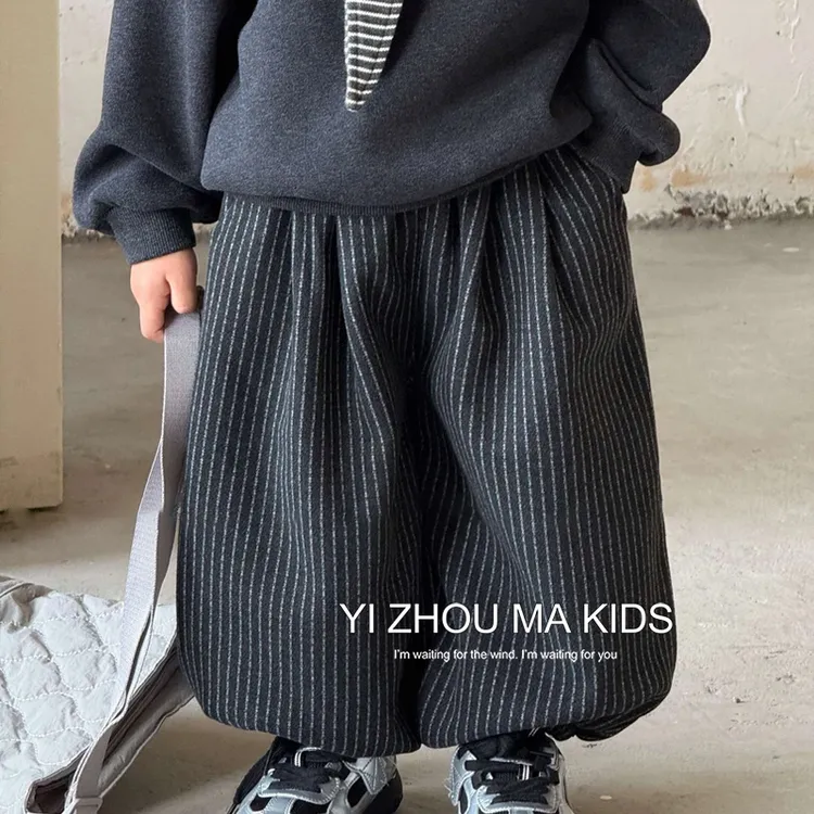 男童加绒裤子宝宝灯笼裤2025冬季新款竖条加厚儿童束脚哈伦裤童装