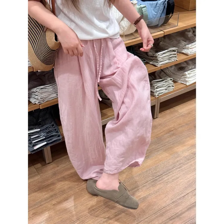 粉色亚麻阔腿裤女2025年夏日新款胖mm梨形身材高腰显瘦宽松休闲裤