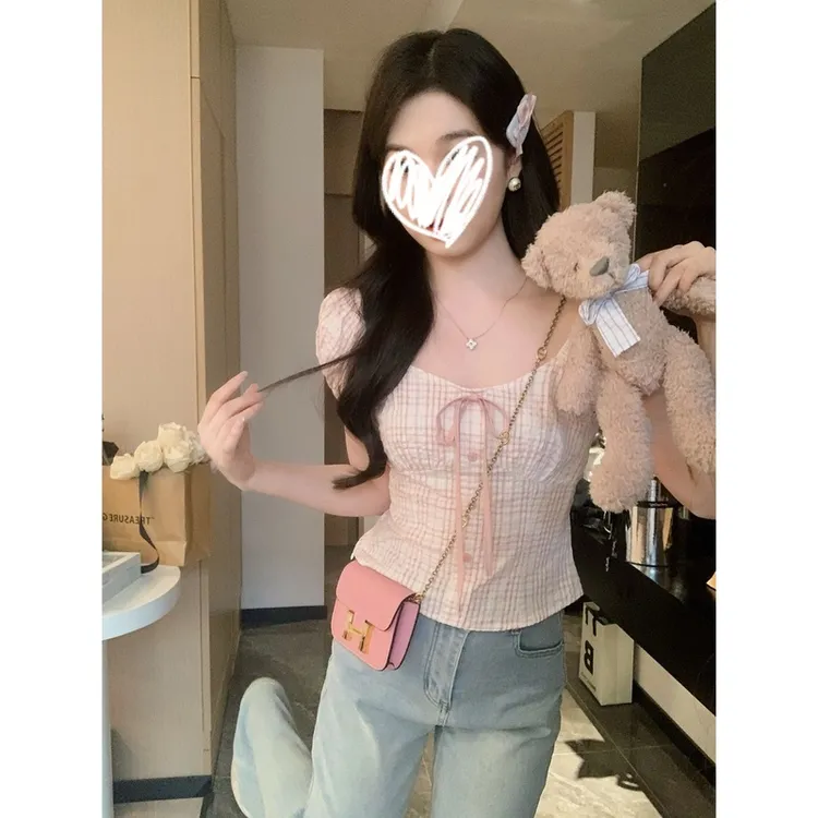 甜美风高级感泡泡袖T恤女夏季2025新款洋气独特减龄绝美短款上衣