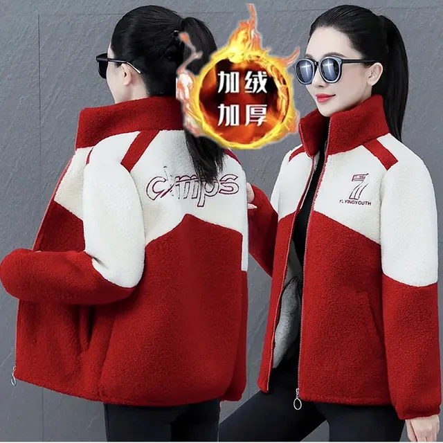 2025秋冬新款立领拼接袖数字7立体印花加绒加厚仿羊羔毛冬季外套