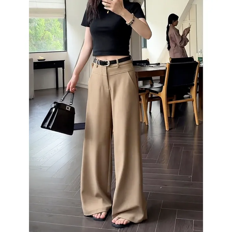 卡其色西装阔腿裤子女2025秋季新款高腰显瘦遮胯松弛感休闲拖地裤
