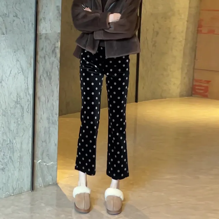 加绒波点金丝绒裤子女2025年秋冬新款宽松显瘦垂感加厚九分微喇裤