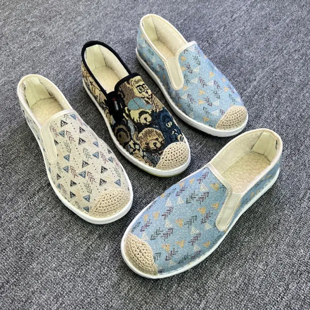 中国风冬季加绒鞋极简透气男一脚蹬布鞋休闲鞋老北京布鞋男士布鞋