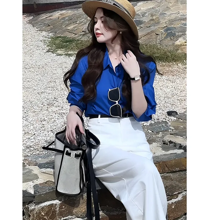 秋季穿搭一整套高级感蓝色衬衫阔腿裤职业两件套装2025年超火女装