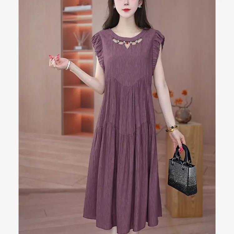 宽松显瘦中长款连衣裙女时尚2025夏新款气质无袖圆领百搭A字裙子