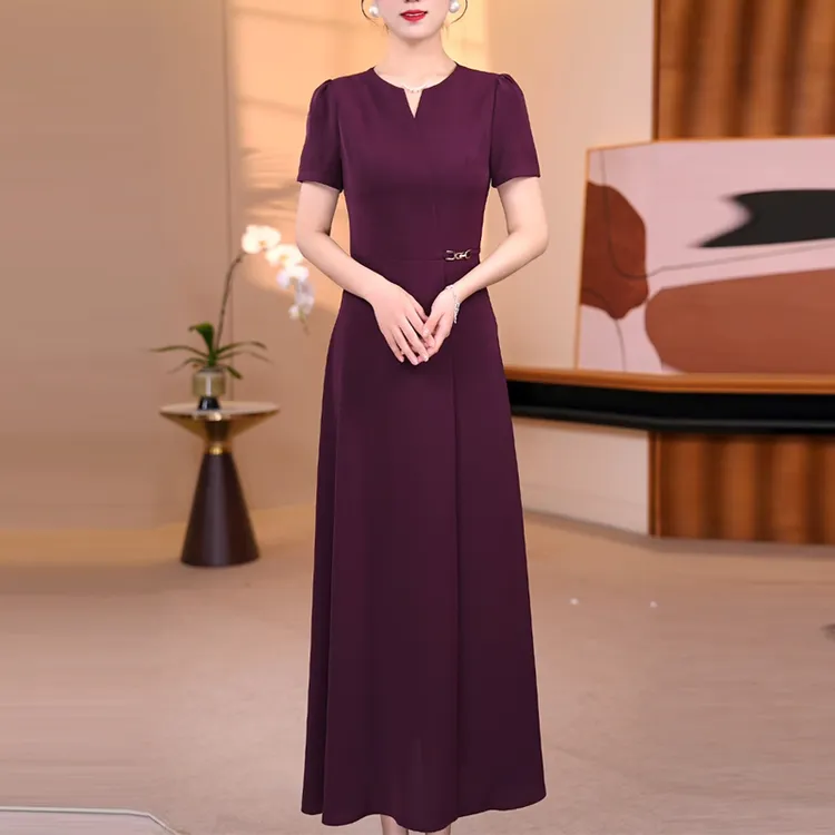 紫红色大摆连衣裙2025夏时尚修身收腰显瘦气质长裙1963-B