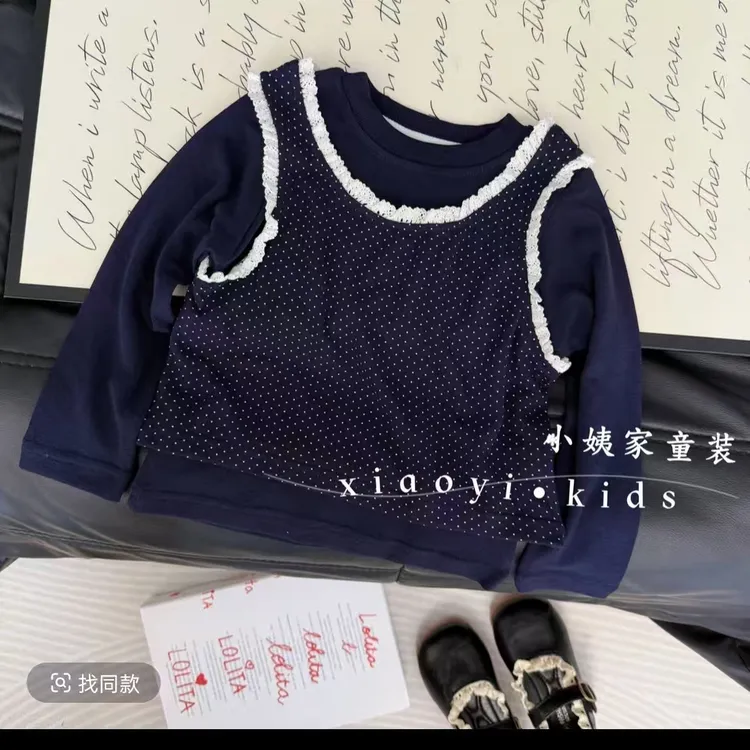 碎花套头真两件韩版上衣童装休闲风女童波点圆领时尚打底
