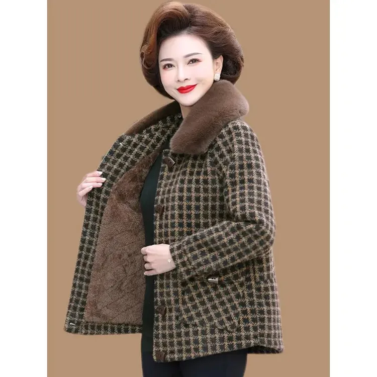 俞兆林妈妈冬装洋气水貂绒外套中年女士毛呢中老年秋冬季加绒加厚