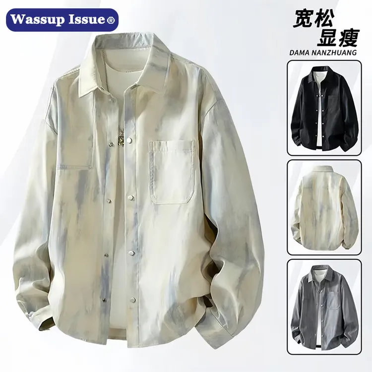 WASSUP ISSUE渐变衬衫男秋款休闲翻领长袖寸衬宽松百搭装衬衣外套