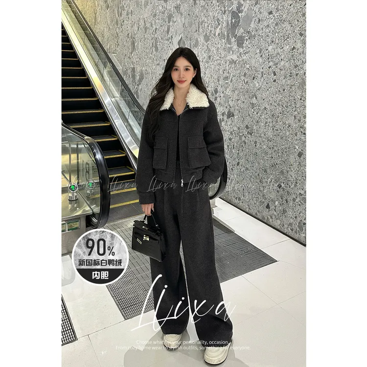 Liixu冬季新款时尚洋气翻领休闲外套百搭阔腿裤羽绒套装L48TZ048