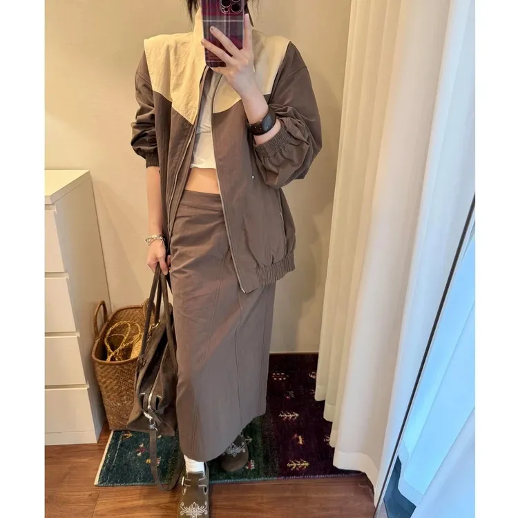 美拉德酷飒夹克套装女早秋新款设计小众撞色收腰外套半身裙两件套