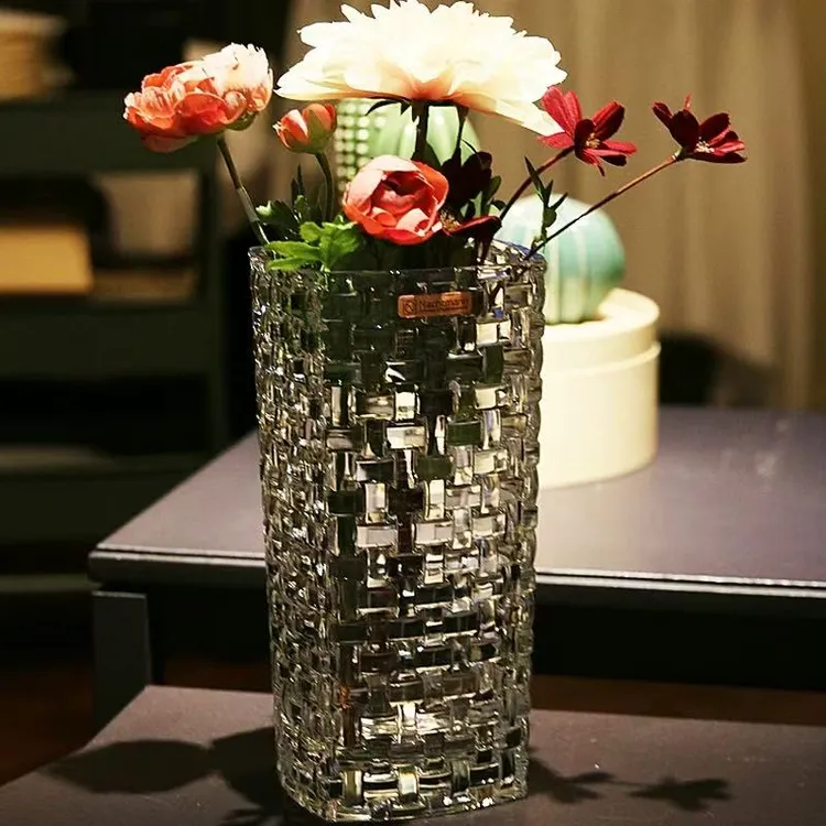 【明石风】30cm大号重工水晶玻璃餐桌花瓶富贵竹插花客厅装饰藤编花瓶摆件