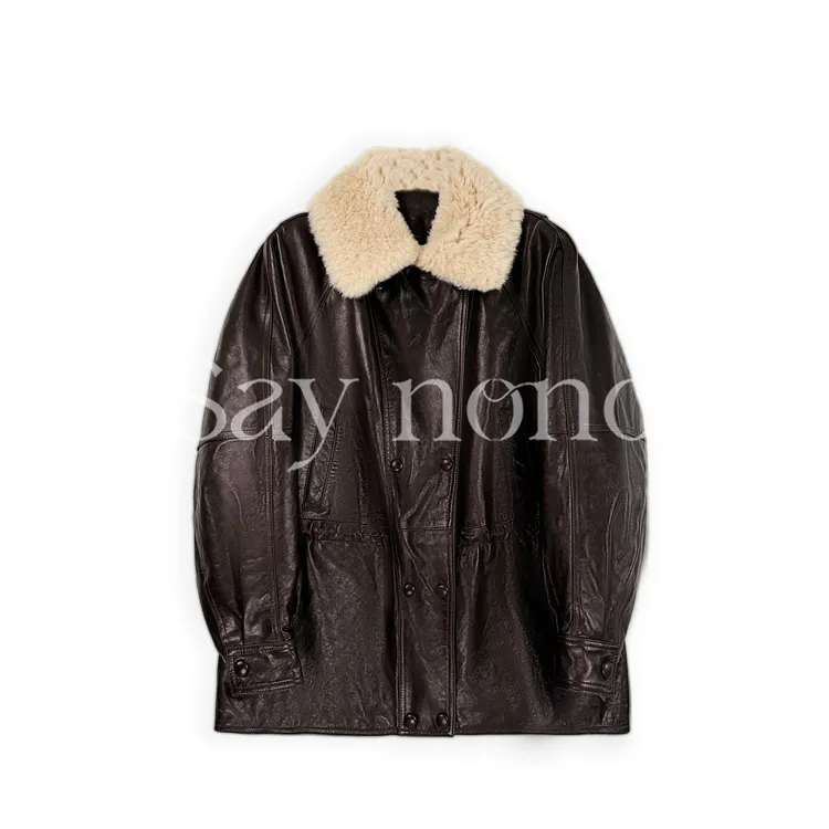 懒猫nono│Saynono 时尚复古双排扣绵羊皮白鹅绒保暖外套GN11021AY