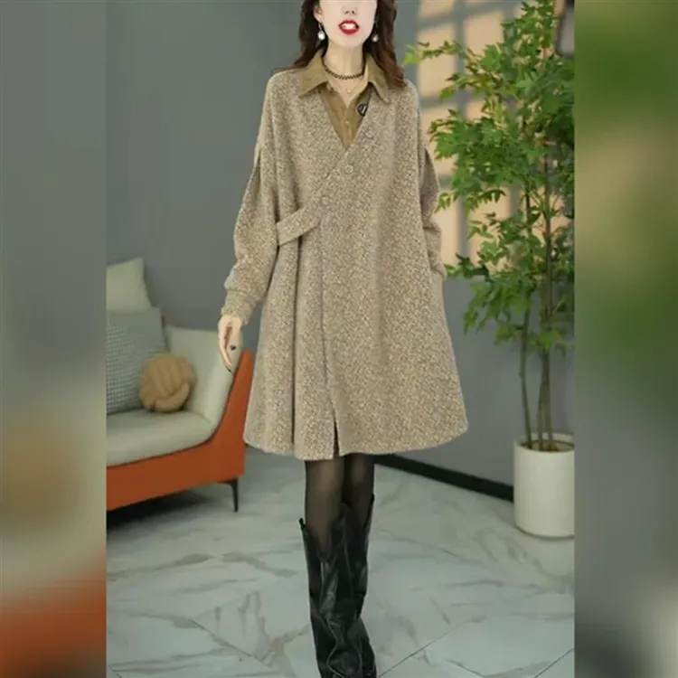 时尚十三行连衣裙女2025新款冬季女士洋气宽松显瘦流行中长款裙子