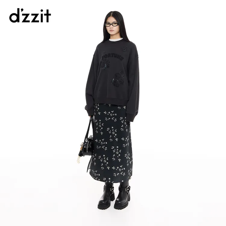 dzzit地素卫衣25春新款休闲风串珠绣纯棉宽松长袖上衣女3J1J1571A