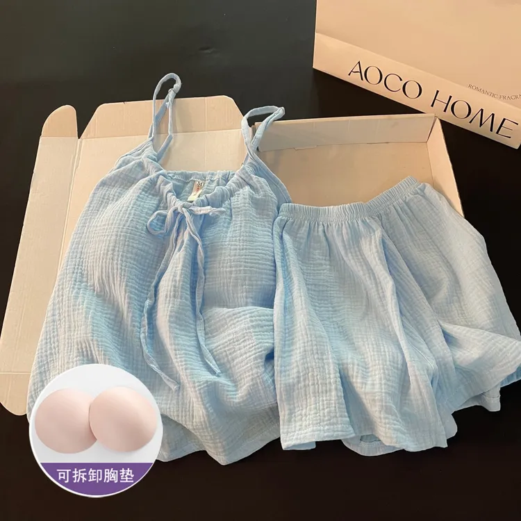 睡衣女夏季吊带大码带胸垫2025新款蓝色纯棉纱夏天婴儿棉凉感套装
