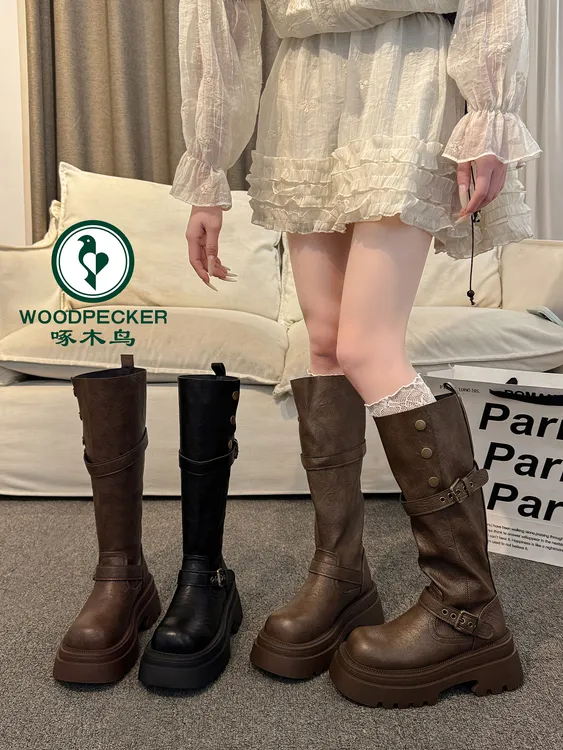啄木鸟美拉德棕色长筒靴女2025秋冬新款胖mm粗腿增高骑士靴高筒靴