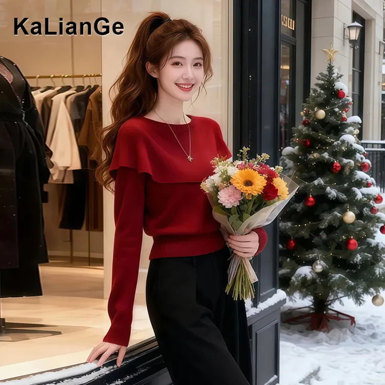 卡莲格/假两件斗篷式显瘦毛衣女2026秋冬高级感新年红羊毛针织衫