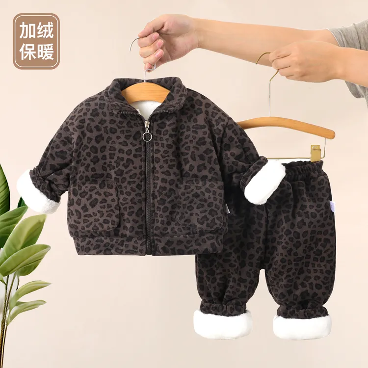 女童套装冬装外纹儿童加厚加绒豹纹棉服两件套宝宝衣服冬季外出服