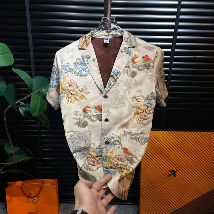 夏季轻薄透气百搭花色男士衬衫短袖休闲复古国风潮流印花8079