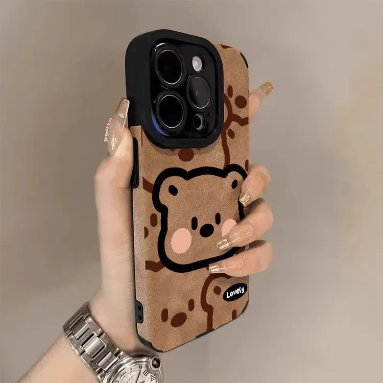 线条熊头适用于情侣iPhone16苹果13卡通手机壳17promax全包个性78