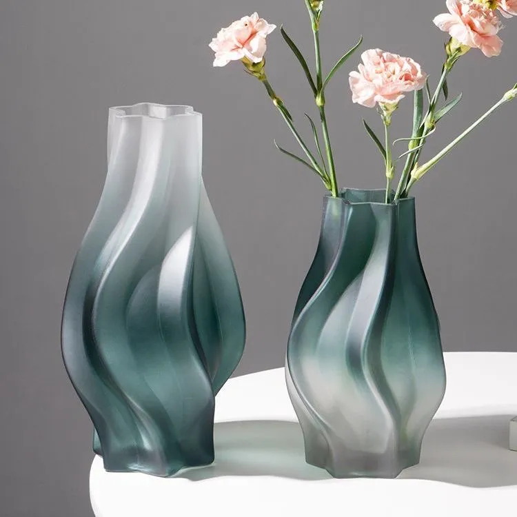 简约蒙砂玻璃花瓶粉色百合插花花器客厅大号水养鲜花创意艺术摆件