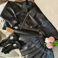 女童皮衣外套百褶裙2024秋季新款韩版潮酷休闲夹克儿童洋气机车服