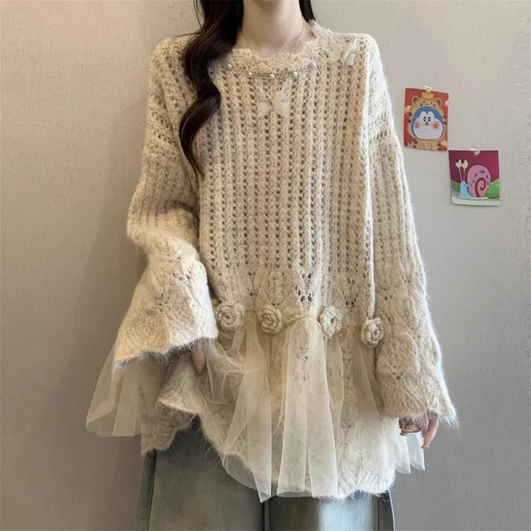 大码胖MM立体花朵长袖针织衫毛衣女秋季新款法式网纱拼接镂空上衣