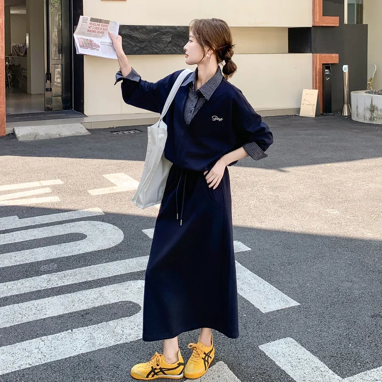 时尚高级感减龄百搭卫衣套装裙女秋季新款假两件上衣半身裙两件套