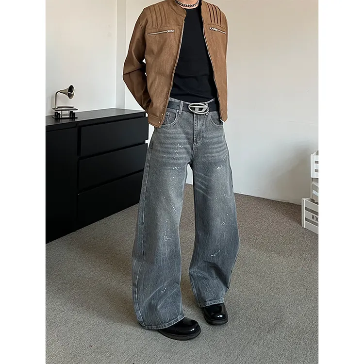 XENON【泼墨做旧】美式复古水洗弯刀牛仔裤男女潮牌小众街头宽松