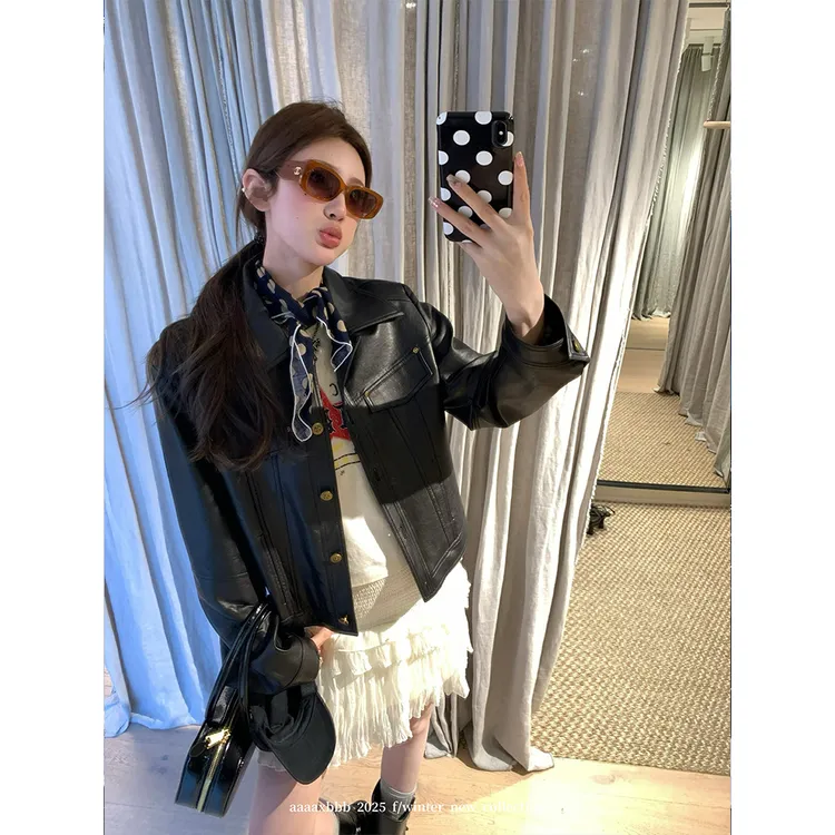 韩系黑色皮衣短款翻领外套女秋季2025新款高级感铆钉休闲夹克上衣