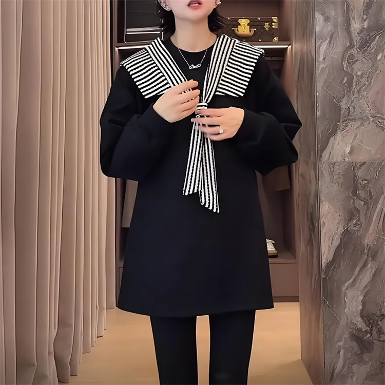 韩版条纹披肩拼接长袖卫衣女秋季新款中长款宽松遮肉减龄时尚上衣