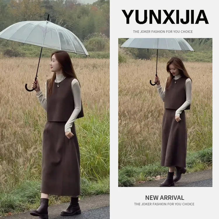 流行一整套2025秋季新款时尚复古轻熟风上衣马甲半身裙三件套