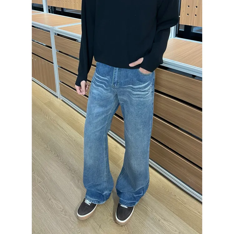 美式2021M复古蓝色牛仔裤男秋冬高街cleanfit裤子百搭直筒微喇裤