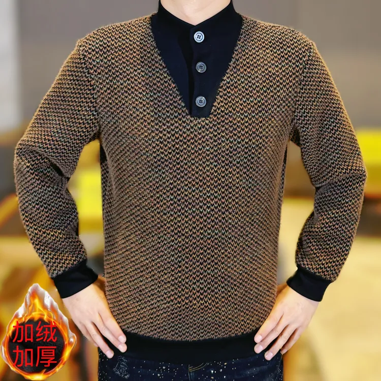 2025秋冬新款男士轻奢时尚修身简约百搭针织提花长袖加绒加厚卫衣