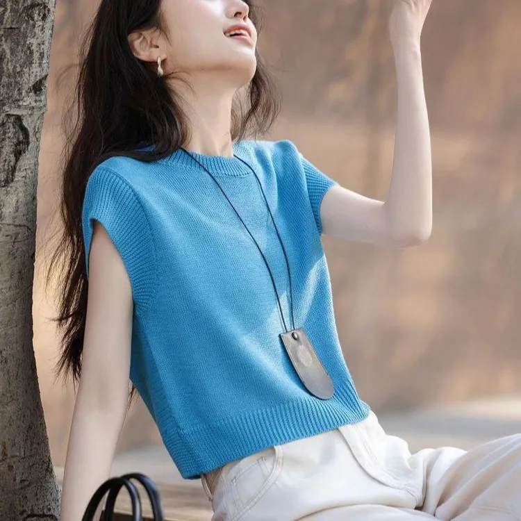 薄款冰丝针织短袖t恤女夏季2025年新款高级感正肩短上衣时尚百搭