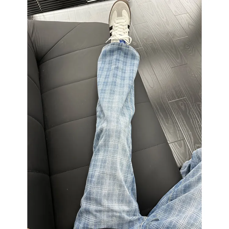 美式格纹牛仔裤男款夏季薄款高街vibe裤子水洗复古微喇格子直筒裤