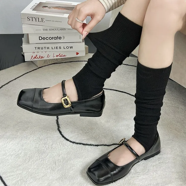 2025女袜外穿双针踩脚袜套护套长款针织韩版纯色小腿堆堆四季棉袜