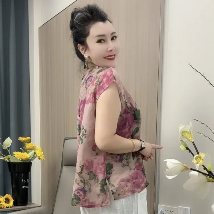 6676-1半袖时尚夏季斜襟夏装显瘦气质不起球碎花立领套头衬衫印花