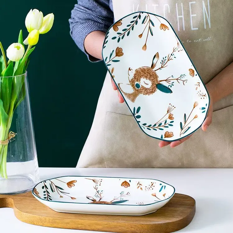 [2个装]32厘米一路有你大号釉下彩鱼盘陶瓷蒸鱼盘