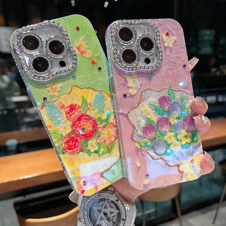 适用苹果系列iPhone16新款手机壳优雅玫瑰花束扭钻镜框闪钻镜头膜