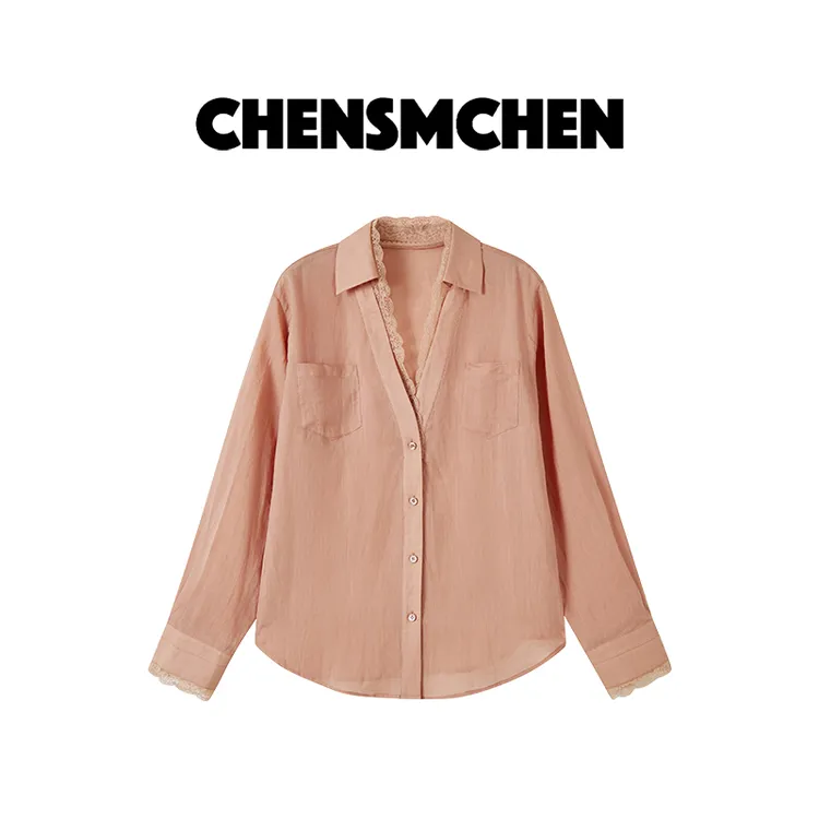 CHENSMCHEN 100苎麻蕾丝拼接设计感衬衫女休闲百搭衬衣CSC4016YW