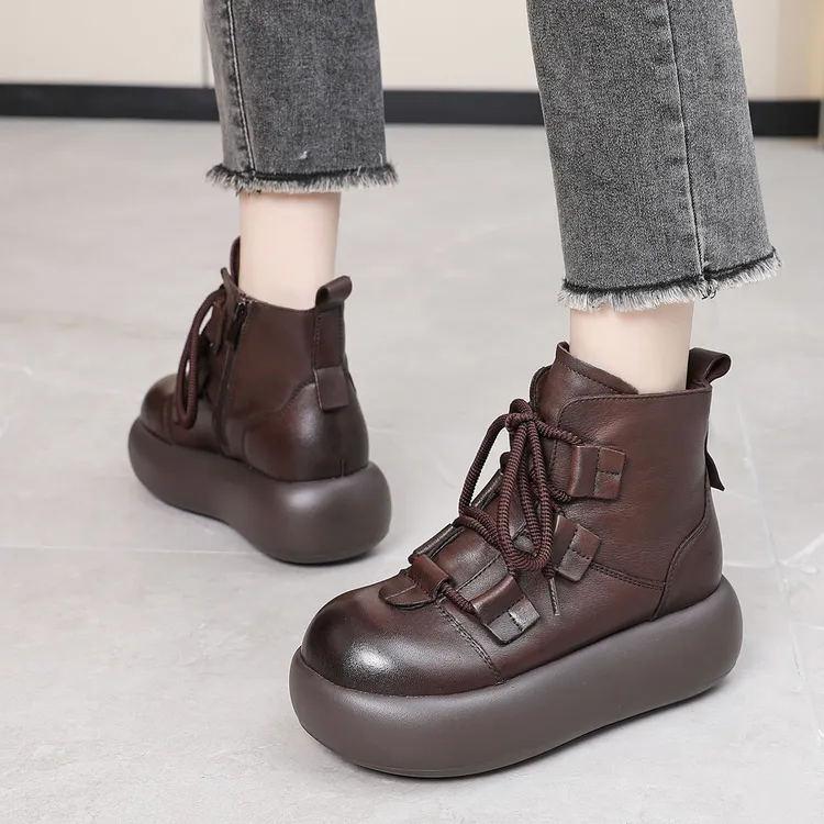 36611-3百冬季头层牛皮松糕厚底复古短靴加绒保暖休闲羊毛马丁靴