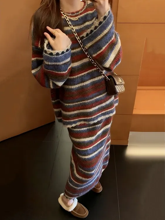 韩国东大门秋季新ins风慵懒休闲针织条纹上衣+半身裙时尚两件套装