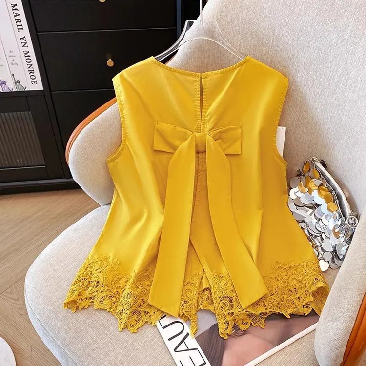 慵懒风天丝亚麻无袖背心上衣女夏季设计感蝴蝶结后开叉蕾丝小衬衫