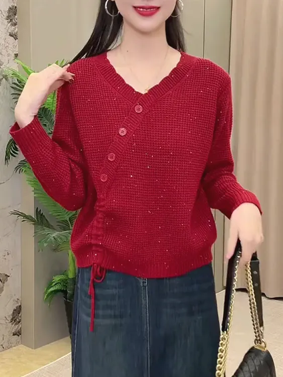 红色抽绳设计V领针织衫女2025秋季新款亮片设计高端减龄气质上衣