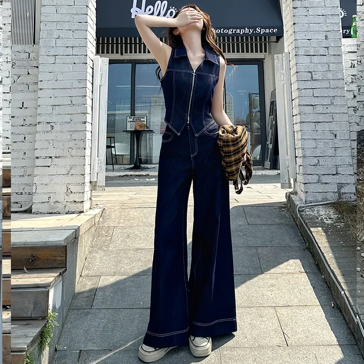 辣妹性感无袖牛仔短外套阔腿裤夏季两件套女2025气质又a又飒套装